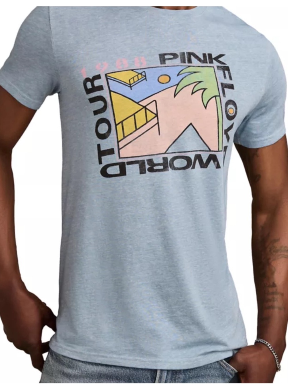 LUCKY BRAND Pink Floyd Blue Graphic Tee with Multicolor Palm Print